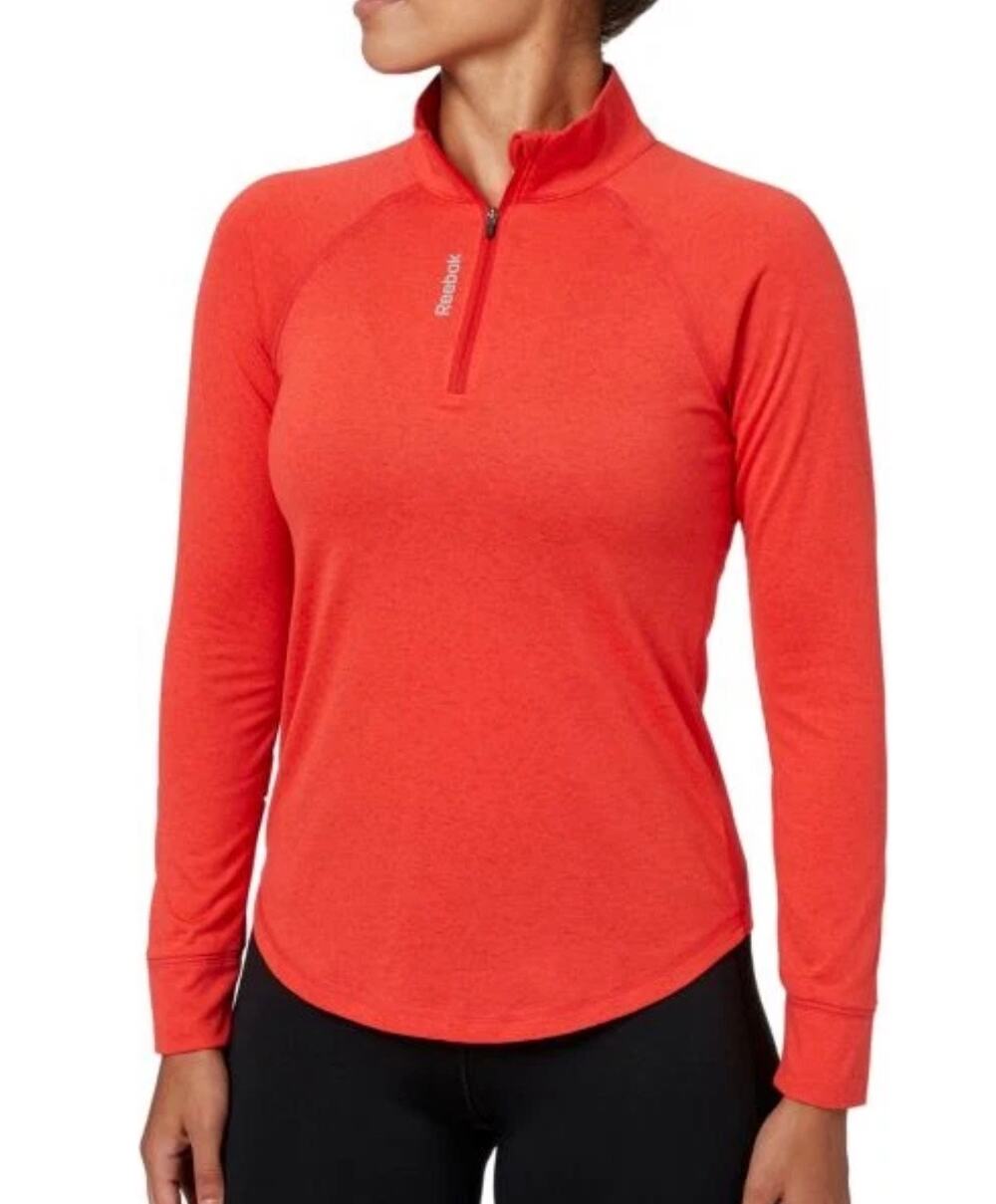 Reebok Women's Orange Performance Heather Quarter Zip Long Sleeve Shirt S